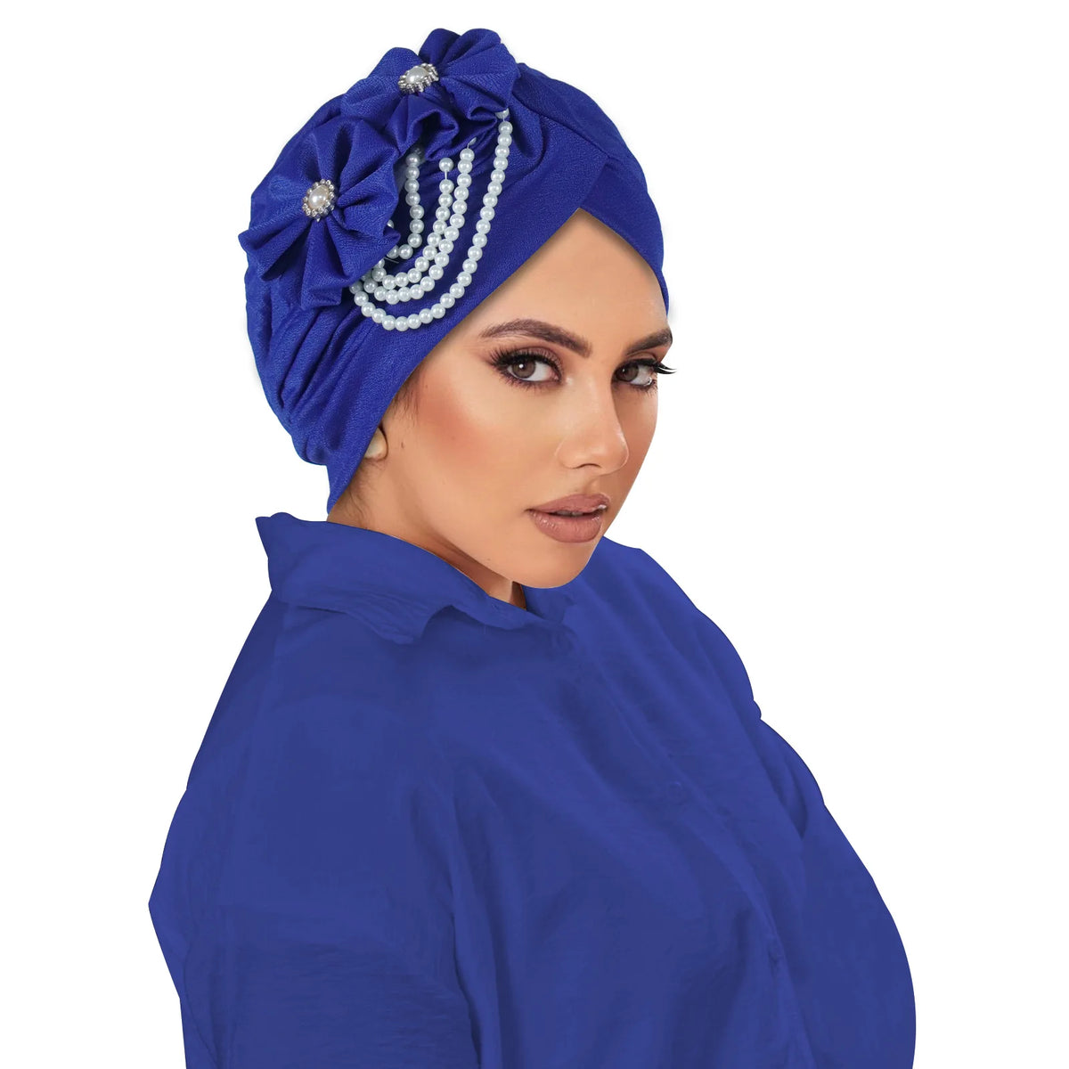Pearl Beaded Turban Cap Women – Floral Chiffon Head Wrap Turban Head Wrap Richie's dark blue