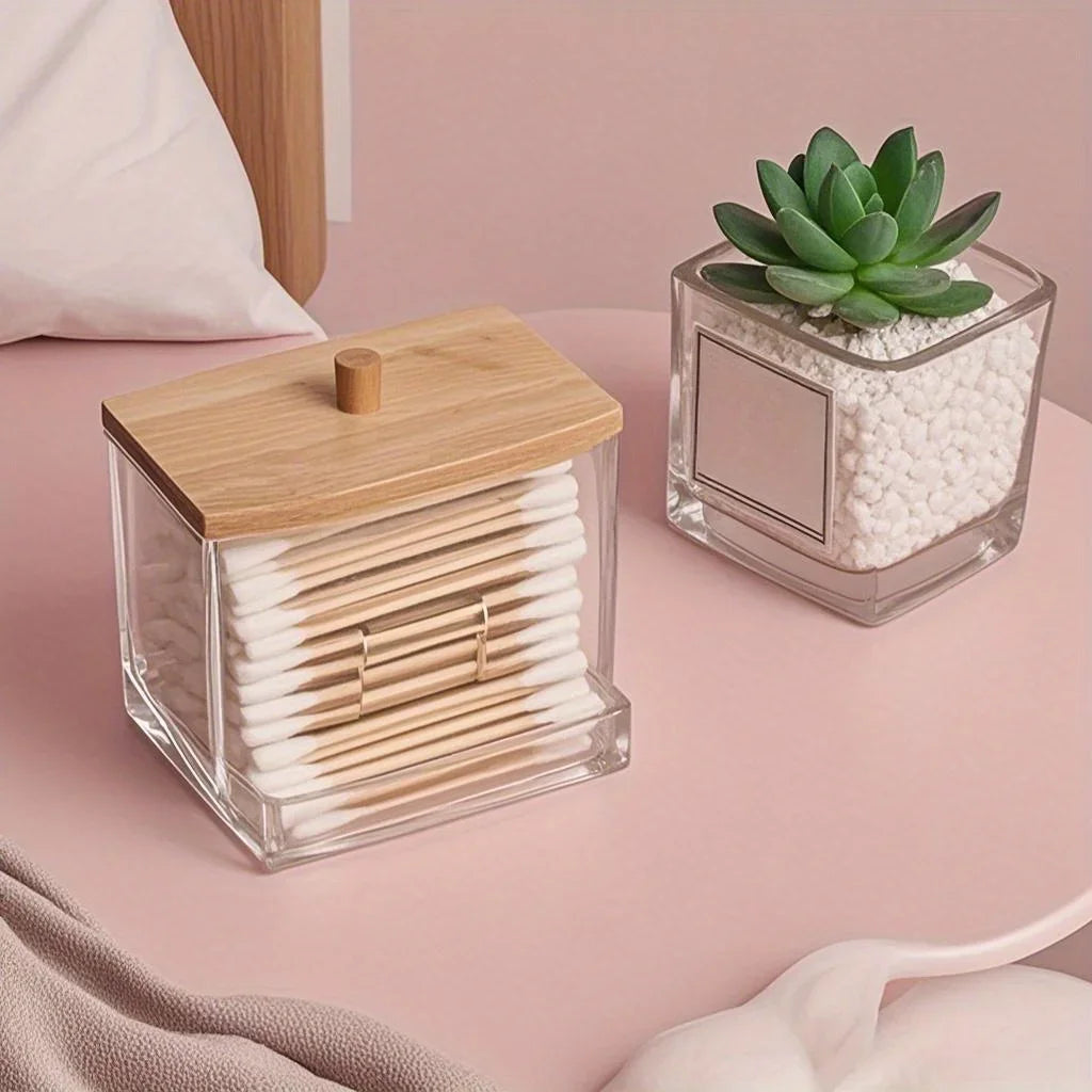 Acrylic Dustproof Storage Jar with Wooden Lid | Vanity Organizer Cosmetic Storage Jar Richie's