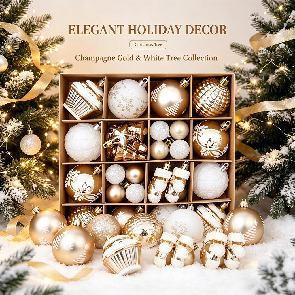 42Pcs Shatterproof Christmas Ornaments – Champagne Gold & White Christmas Ornament Set Richie's