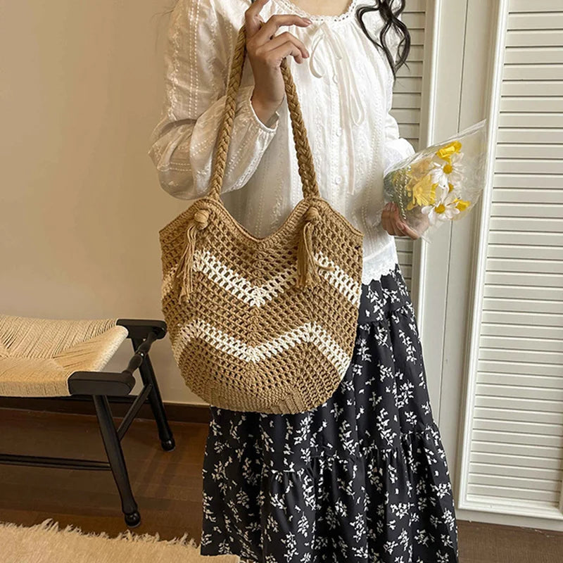 Hollow Flower Woven Cotton Tote Bag – Women's Beach Shoulder Bag Woven Tote Bag Richie's