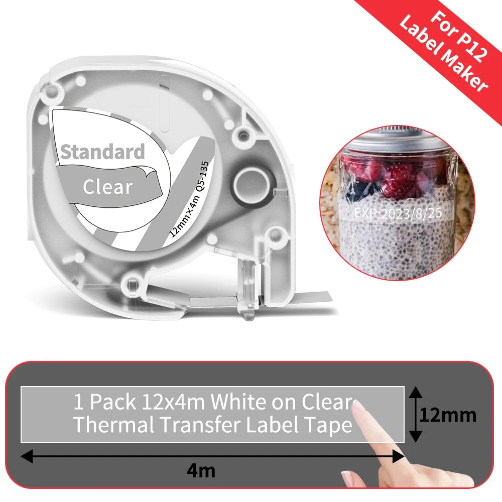 12mm Label Tape for Phomemo P12 & Dymo LetraTag – 4m