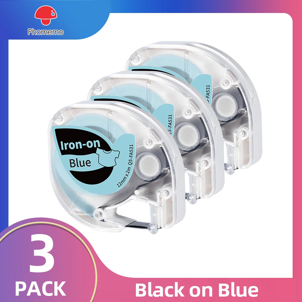 Iron-On Fabric Label Tape 3/5 Pack – Dymo LetraTag & Phomemo P12 Label Maker Tape Richie's 3-Black on Blue