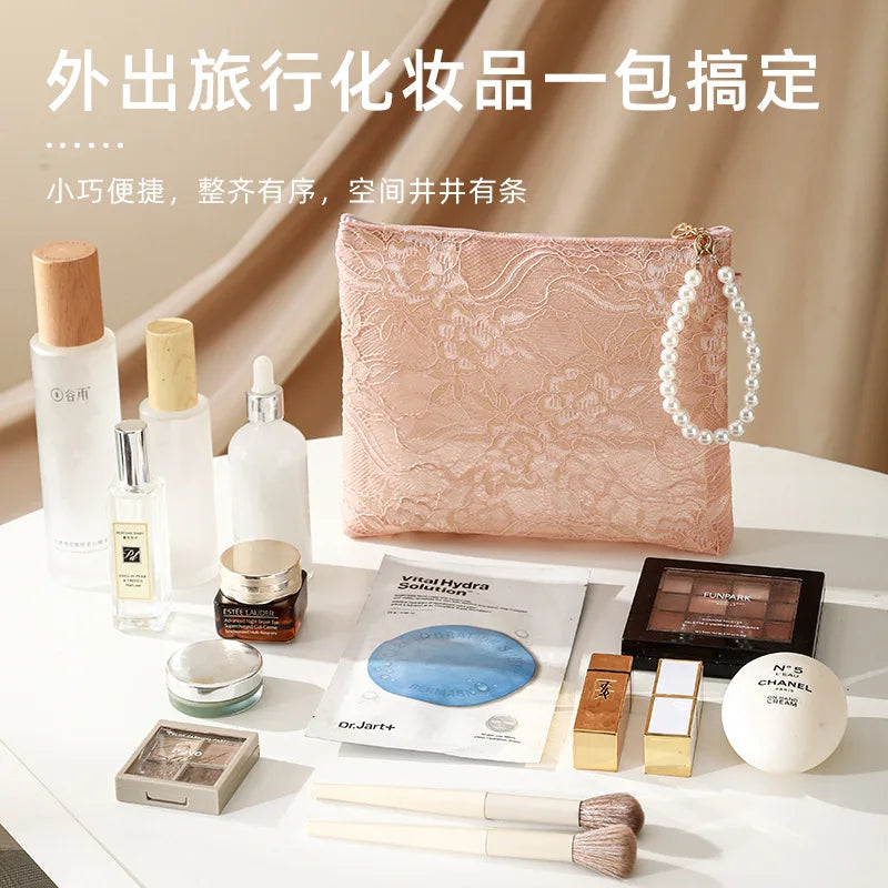 Lace Cosmetic Pouch with Pearl Chain – Women's Makeup Bag Cosmetic Makeup Bag Richie's
