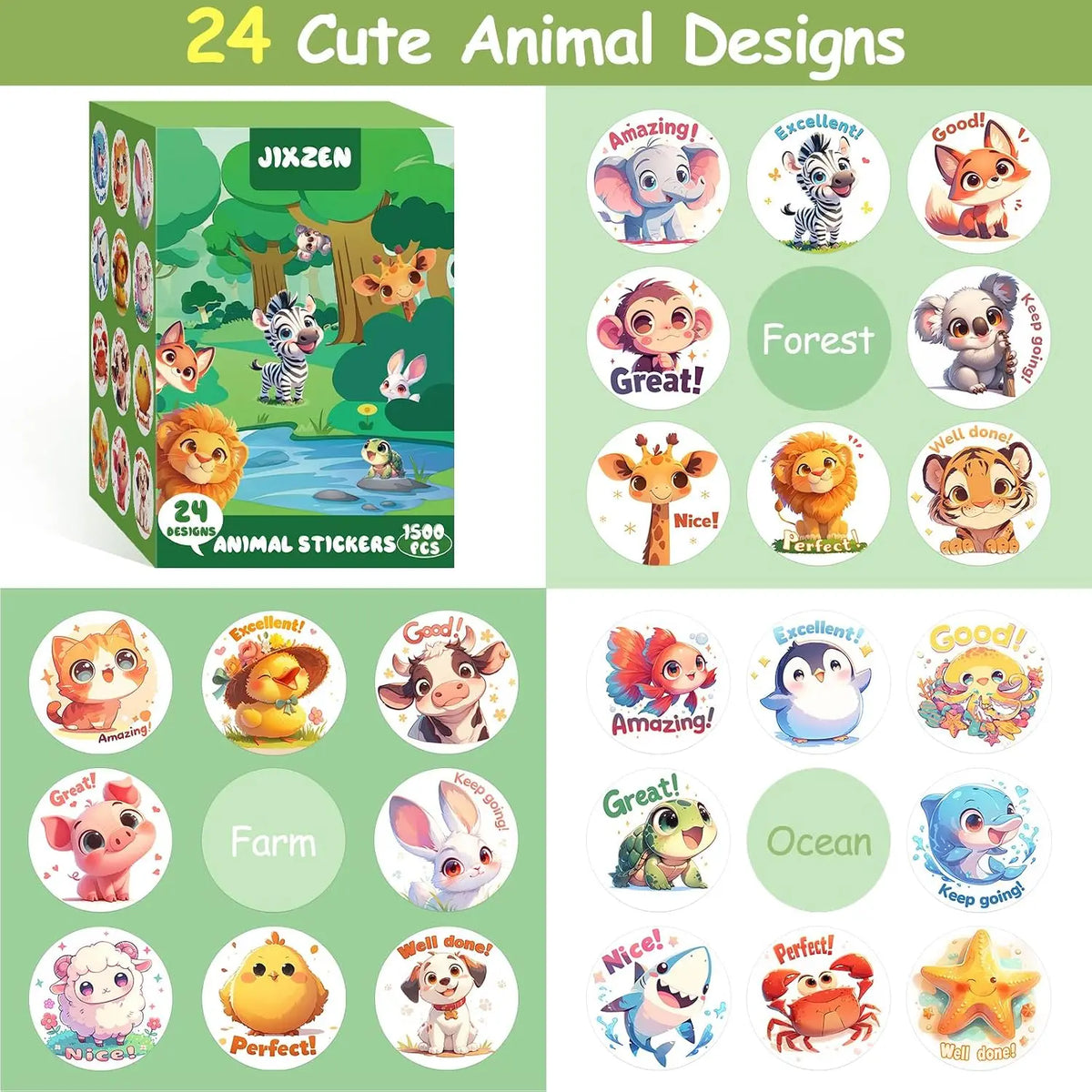 1500 Pcs Animal Stickers 3 Rolls 24 Designs – Craft & School Animal Sticker Set Richie's