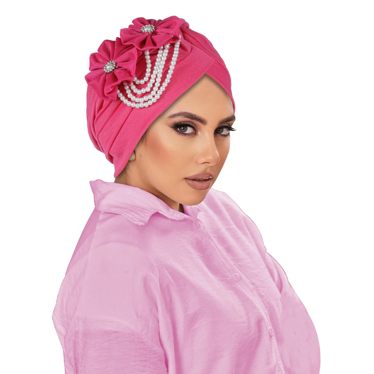 Pearl Beaded Turban Cap Women – Floral Chiffon Head Wrap Turban Head Wrap Richie's rose red