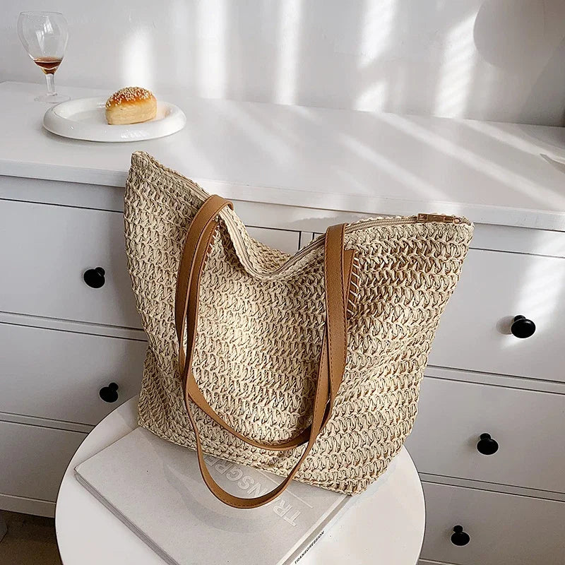 Women's Bohemian Straw Tote Bag – Hand-Woven Beach Shoulder Bag Straw Tote Bag Richie's Beige 41cmx34cmx14cm