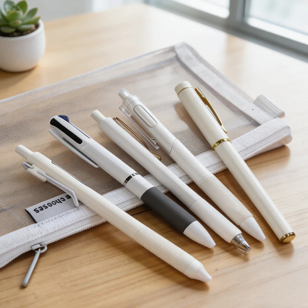 Minimalist Clear Mesh Pencil Bag Set – 5 Pens & Nylon Pouch Pencil Bag Set Richie's