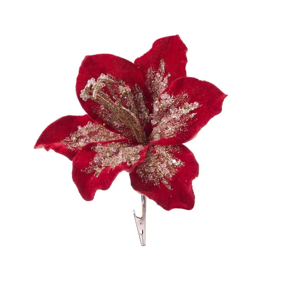19cm Artificial Poinsettia Glitter Flower – Fake Christmas Decor Artificial Christmas Flower Richie's Red