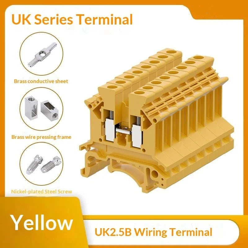 UK2.5B DIN Rail Terminal Blocks 10Pcs – 2.5mm² Screw Connectors DIN Rail Terminal Block Richie's Yellow