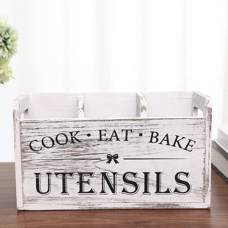 Rustic Wooden Kitchen Utensil Holder – 3-Compartment Organizer Utensil Holder Richie's white 1pc