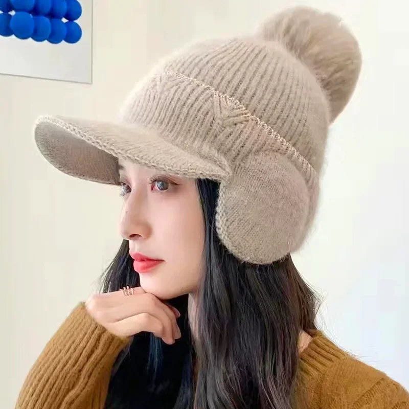 Women's Knitted Earflap Hat with Pompom – Winter Earmuff Cap Winter Knit Hat Richie's 01