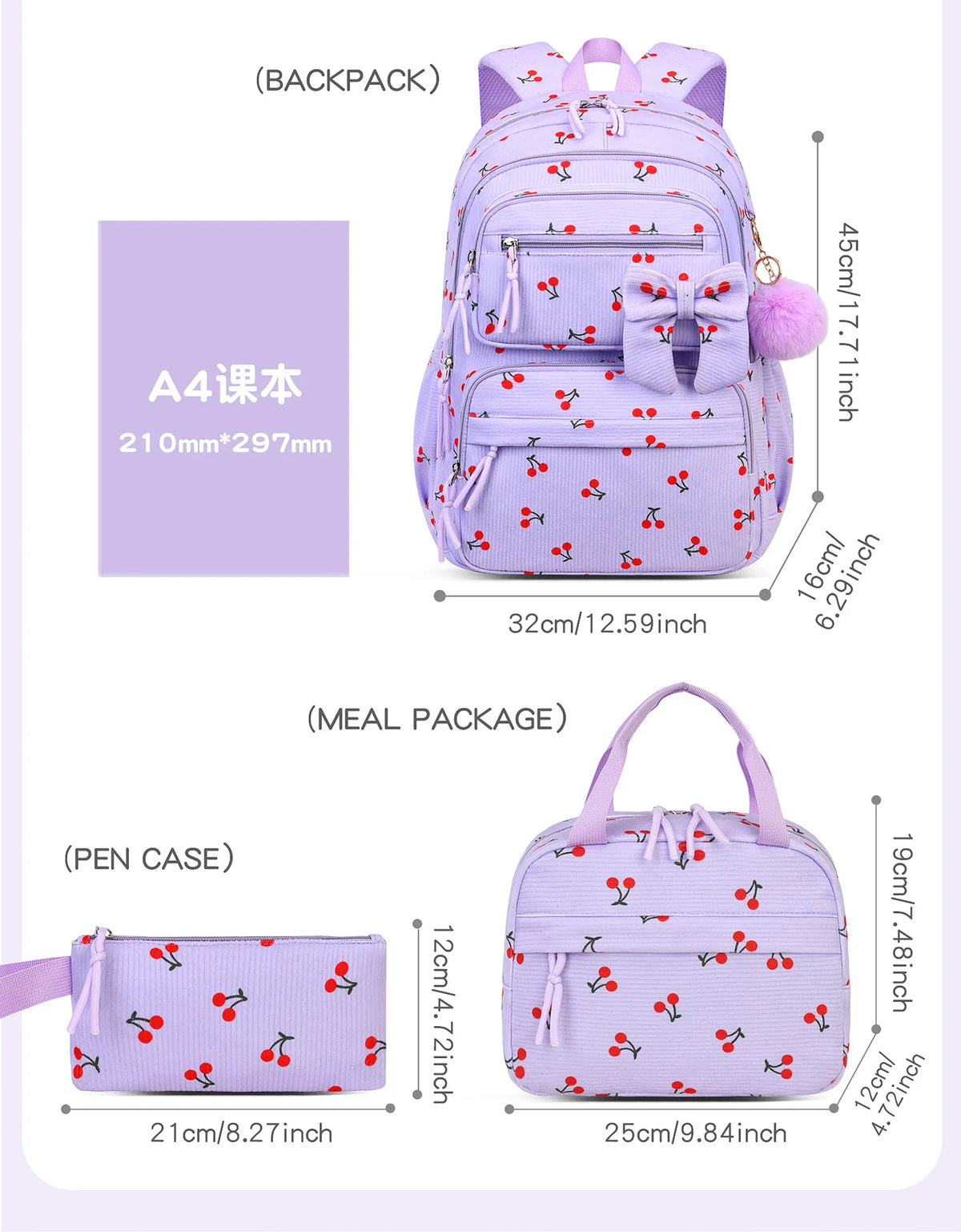 Girls Cherry Corduroy School Backpack Set – 3 Pcs Bookbag Kids Backpack Set Richie's