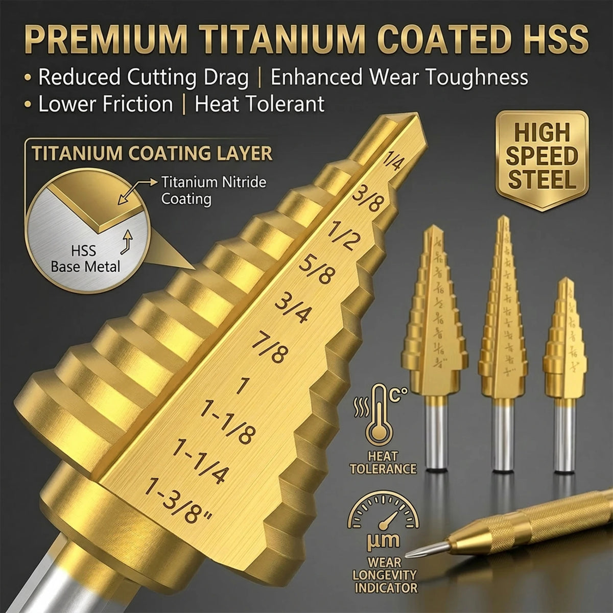 Titanium HSS Step Drill Bit Set – 50 Sizes & Aluminum Case Step Drill Bit Set Richie's