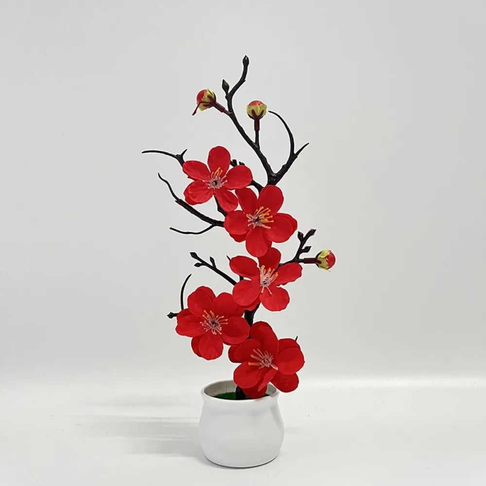 Red Artificial Plum Potted Flowers – Faux Silk Blooms in White Pot Artificial Potted Flower Richie's Red