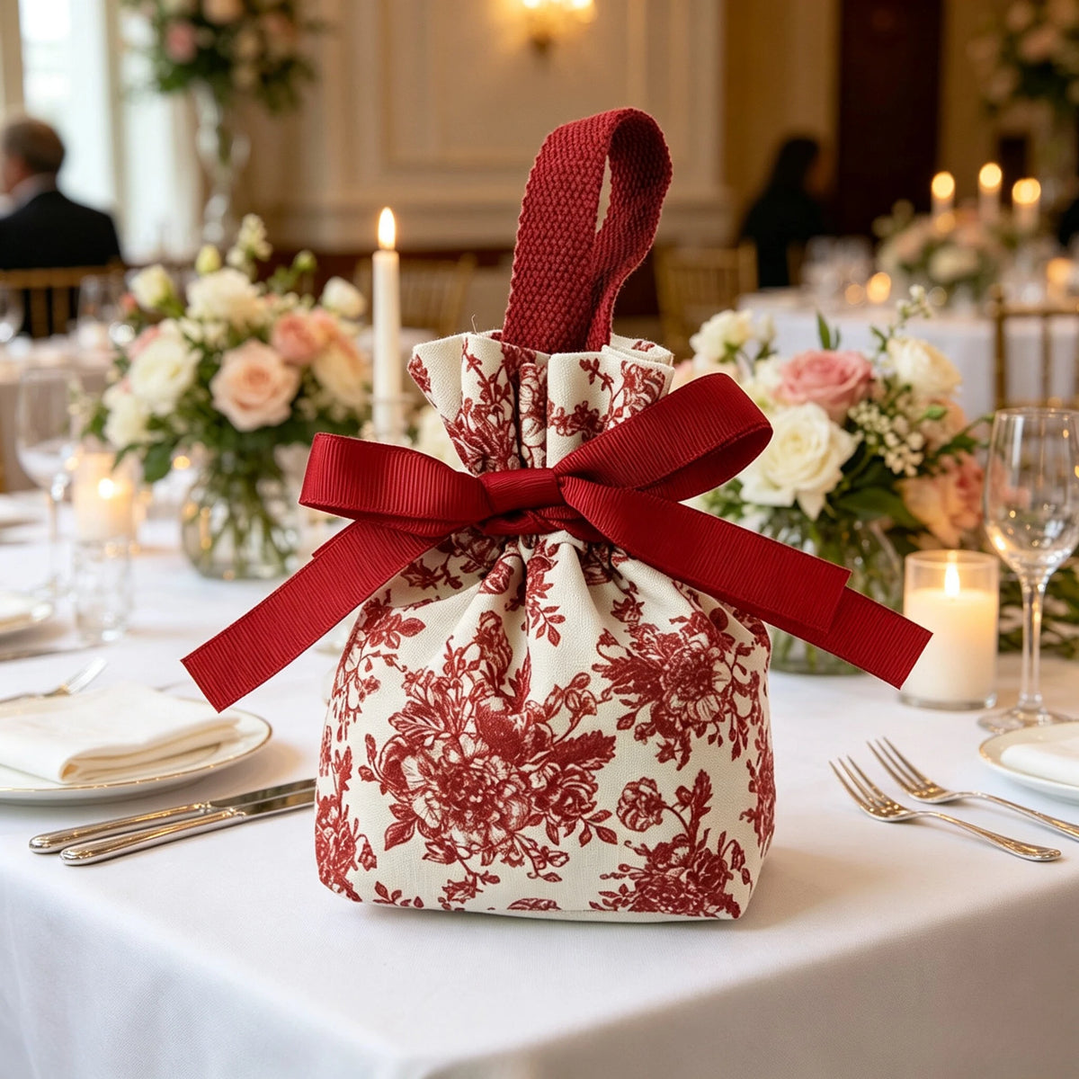 5pcs Red Velvet Drawstring Gift Bags Floral Ribbon Bow | Canvas Velvet Gift Bags Richie's