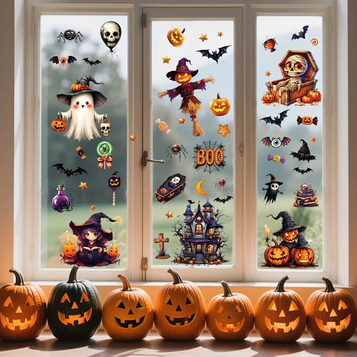 3D Halloween Window Clings – Castle, Bats, Witch & Pumpkin Decals Halloween Window Decals Richie's