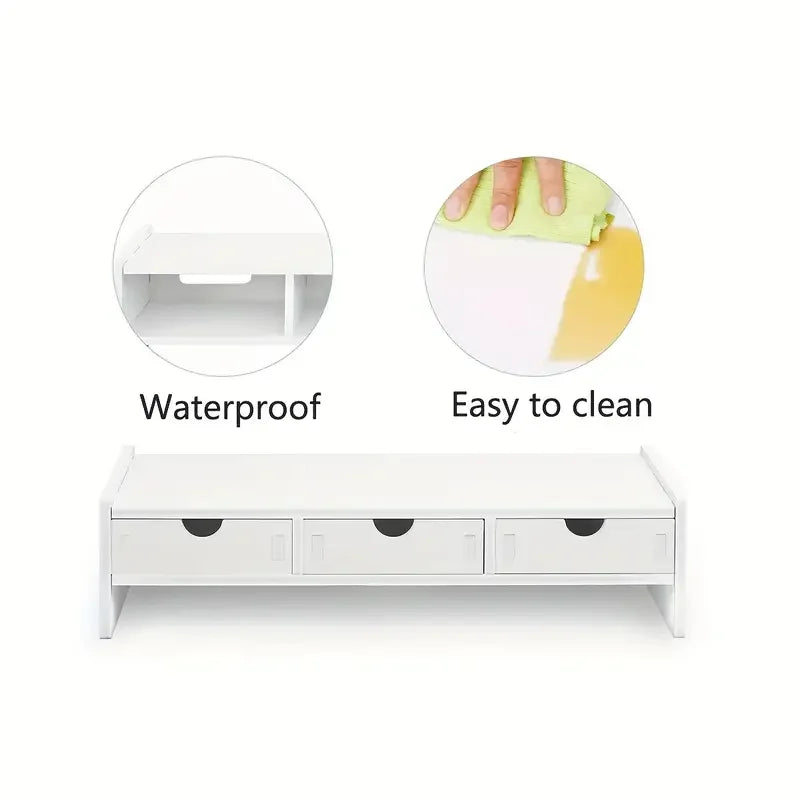 White Wooden Monitor Stand Riser with 3 Drawers | Desk Organizer Monitor Stand Riser Richie's