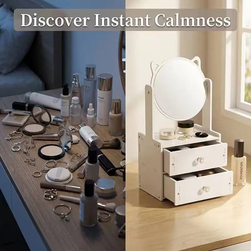 Cat Ear Makeup Organizer with Mirror & 2 Drawers Makeup Organizer Richie's