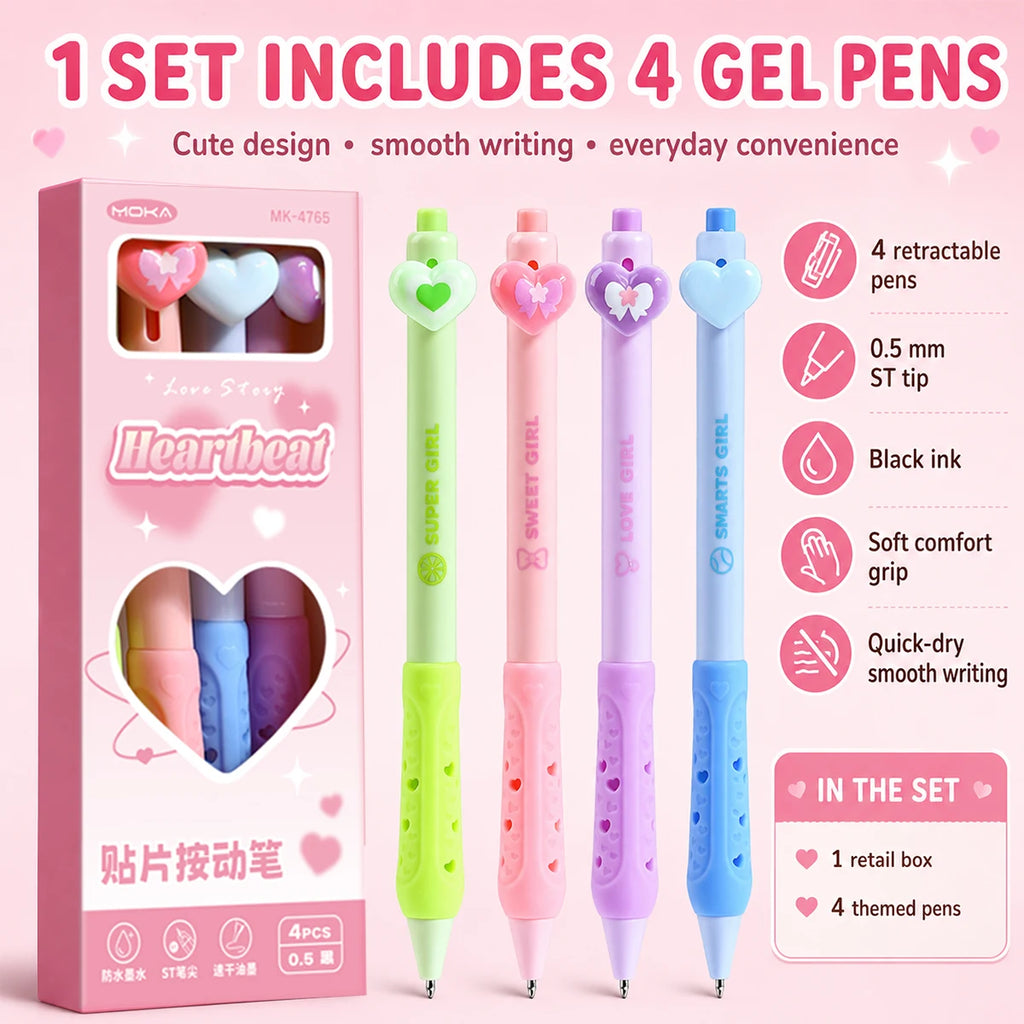 Kawaii Heart Gel Pens 4 Pack – Pastel Black Ink, Retractable Gel Pen Set Richie's black