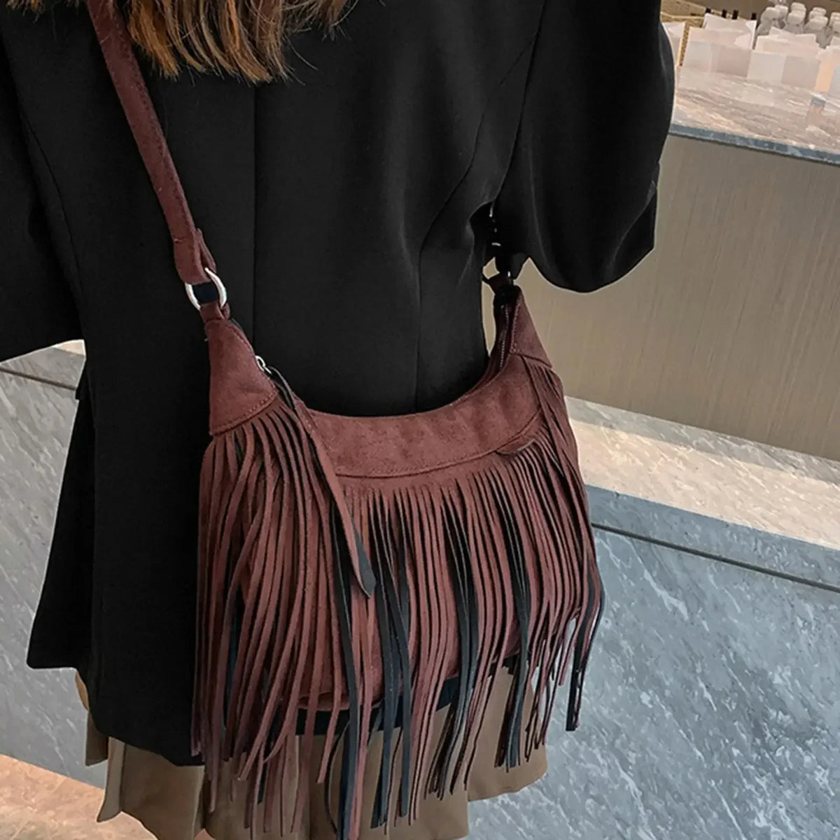 Large Retro Fringe Shoulder Bag – Ethnic Tassel Tote for Women Fringe Shoulder Bag Richie's Brown CN