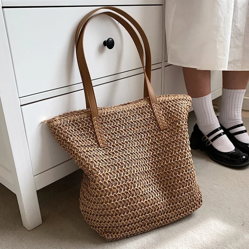 Women's Bohemian Straw Tote Bag – Hand-Woven Beach Shoulder Bag Straw Tote Bag Richie's