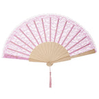 Vintage Chinese Folding Fan Lace Flower Tassel Pendant Wood Folding Hand Fan Richie's Pink