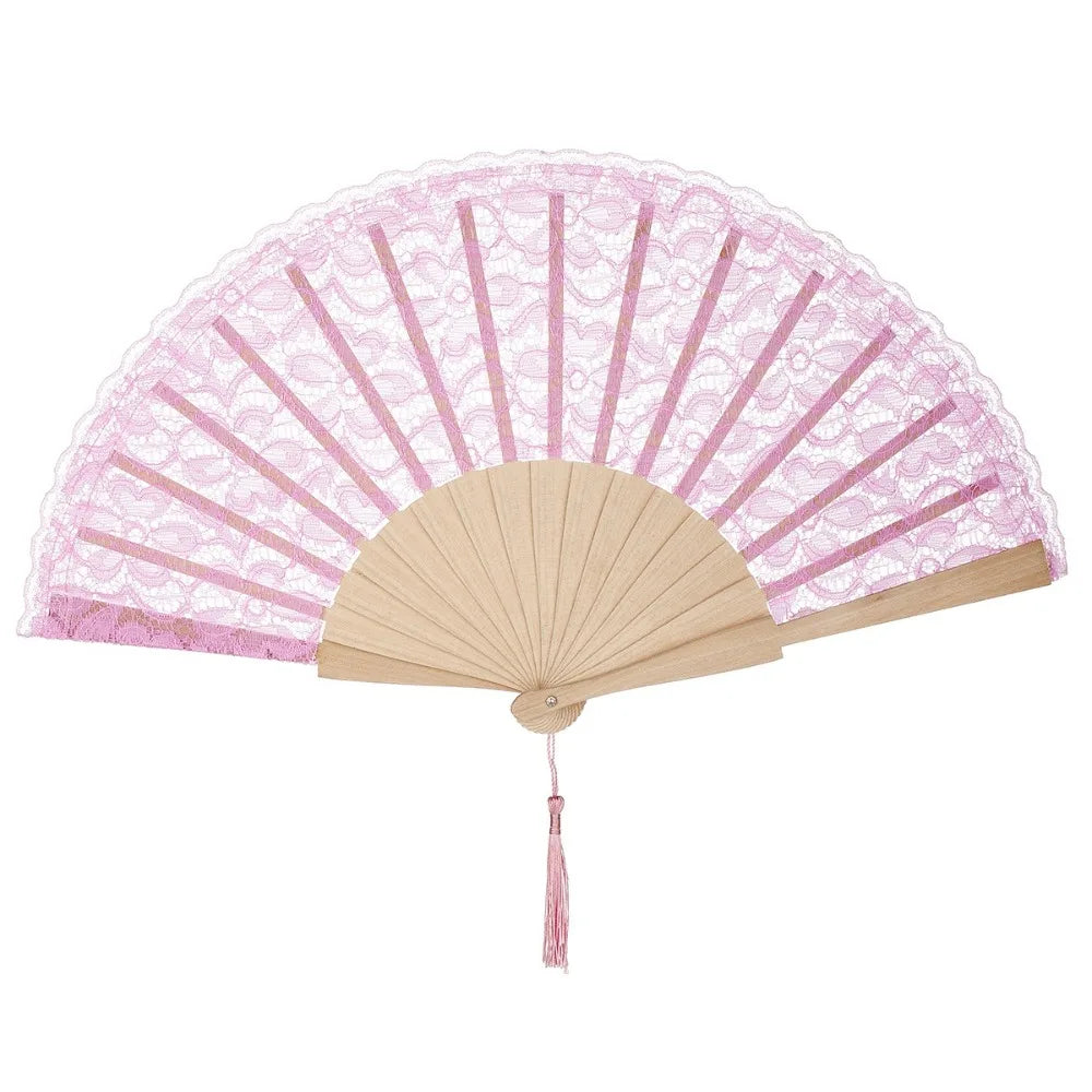 Vintage Chinese Folding Fan Lace Flower Tassel Pendant Wood Folding Hand Fan Richie's Pink