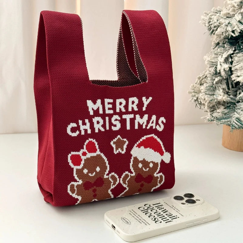 Christmas Knitted Spandex Tote Bag – Santa & Tree Gift Bag Holiday Gift Tote Bag Richie's E 1pc 20X35 CM