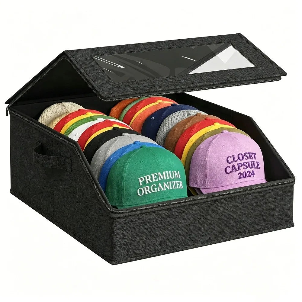 24-Cap Clear Window Hat Storage Box – Stackable Organizer Hat Storage Organizer Richie's Black