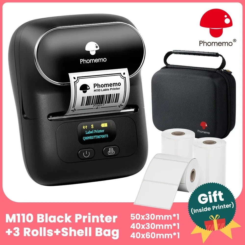 Phomemo M110 Bluetooth Thermal Label Maker | Portable Mini Printer Thermal Label Printer Richie's BK-case-3 rolls