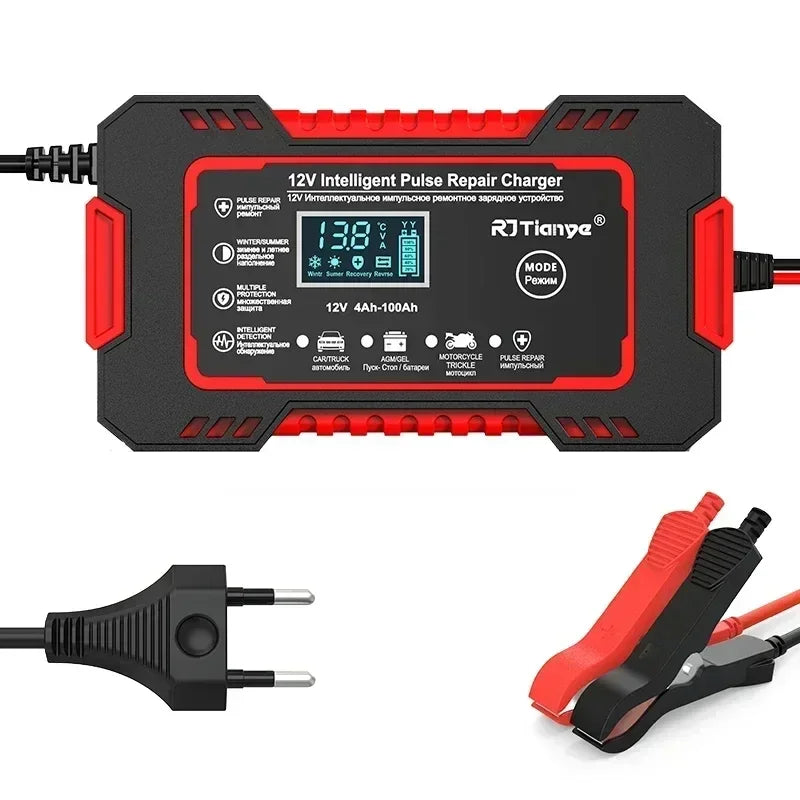 12V 6A Intelligent Car Battery Charger LCD Pulse Repair Lead Acid Car Battery Charger Richie's Red EU plug