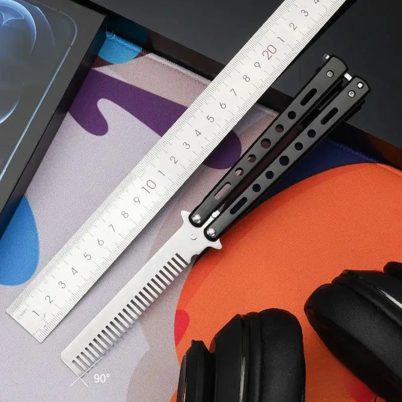 Butterfly Knife Practice Comb – Foldable Stainless Steel Beard Comb Butterfly Knife Comb Richie's Black white