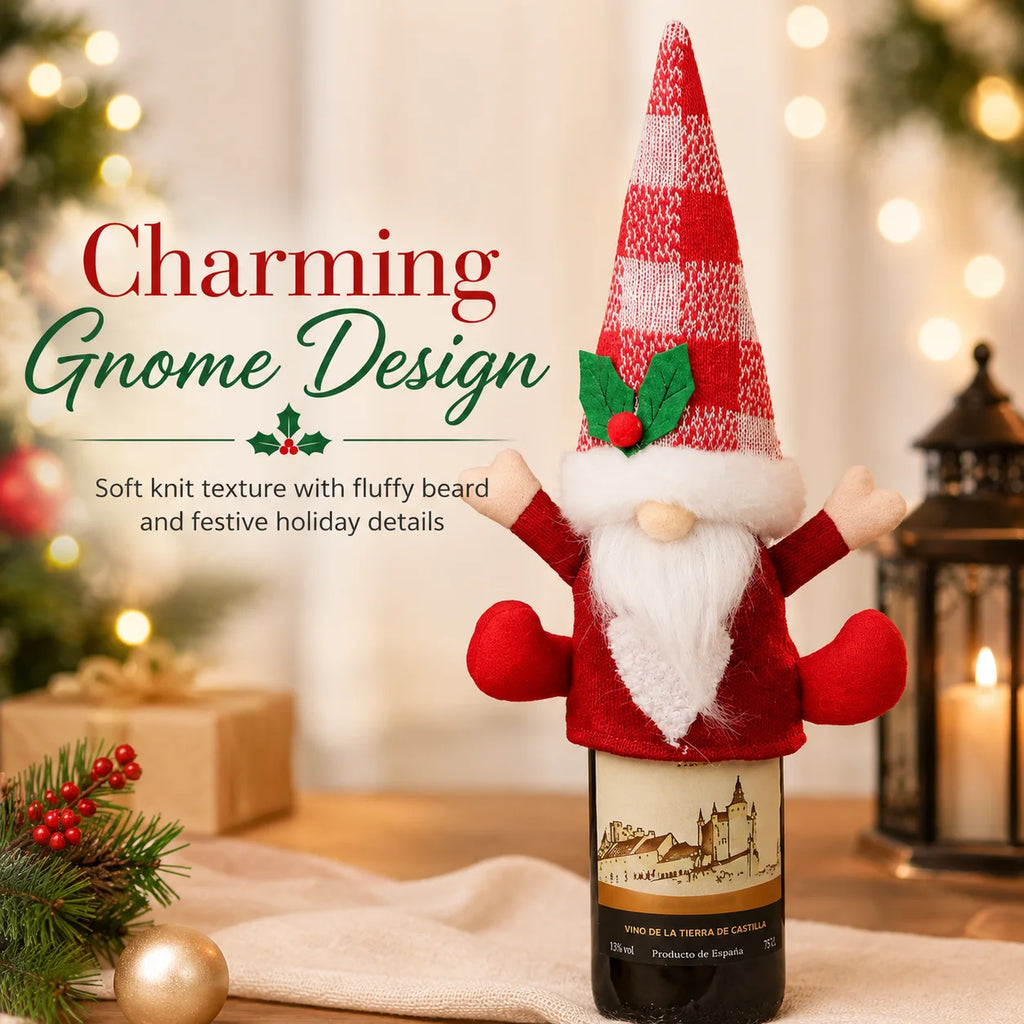 Christmas Gnome Knit Wine Bottle Cover | Holly Berry Xmas Decor Wine Bottle Cover Richie's