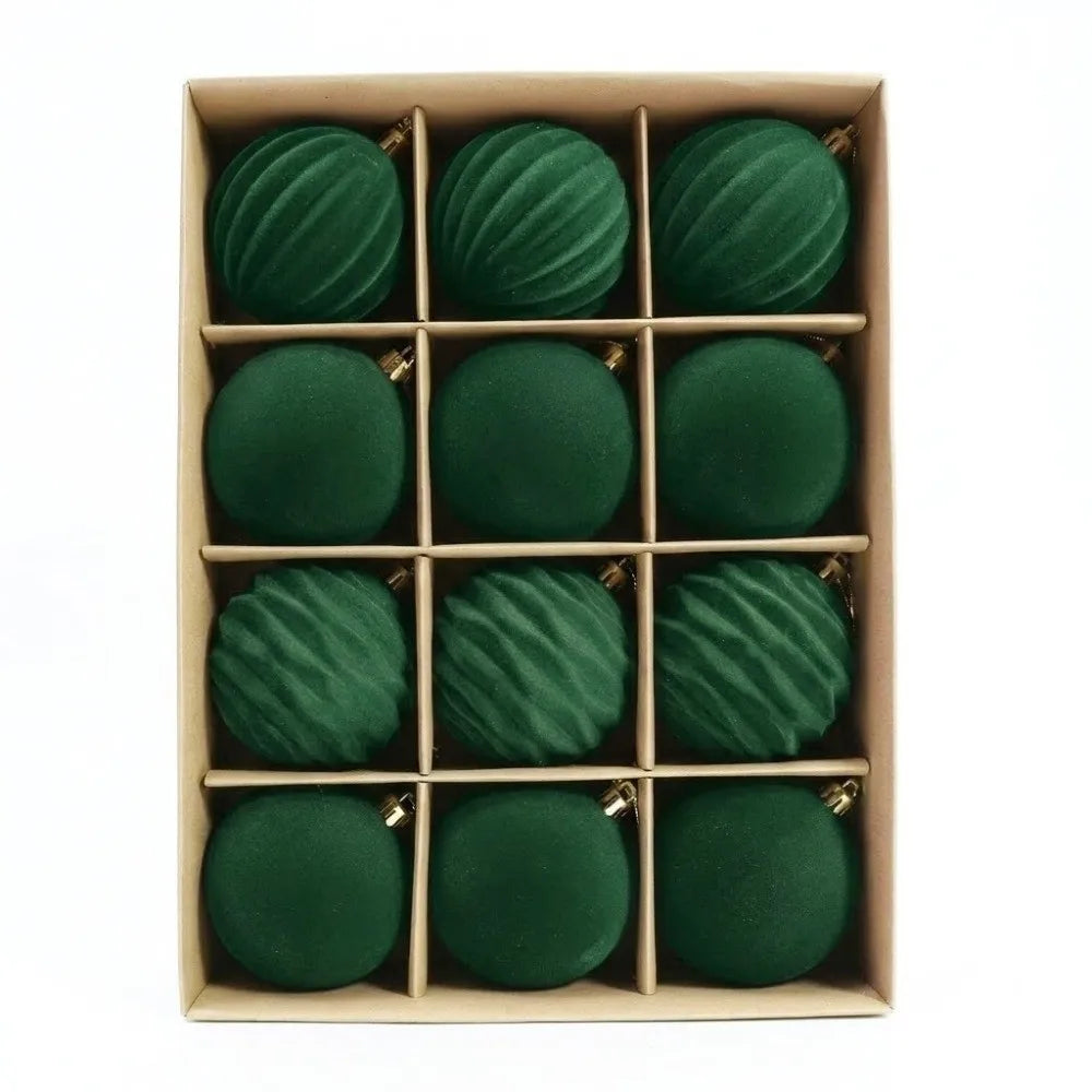 12Pcs Velvet Flocked Christmas Balls 6CM Tree Ornaments Christmas Tree Ornaments Richie's Green 1.5cm