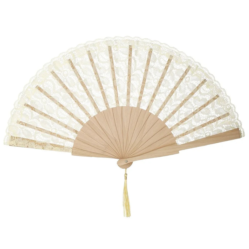 Vintage Chinese Folding Fan Lace Flower Tassel Pendant Wood Folding Hand Fan Richie's Beige