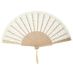 Vintage Chinese Folding Fan Lace Flower Tassel Pendant Wood Folding Hand Fan Richie's Beige