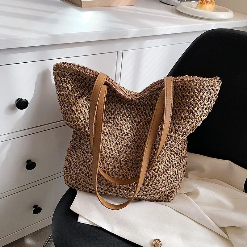 Women's Bohemian Straw Tote Bag – Hand-Woven Beach Shoulder Bag Straw Tote Bag Richie's