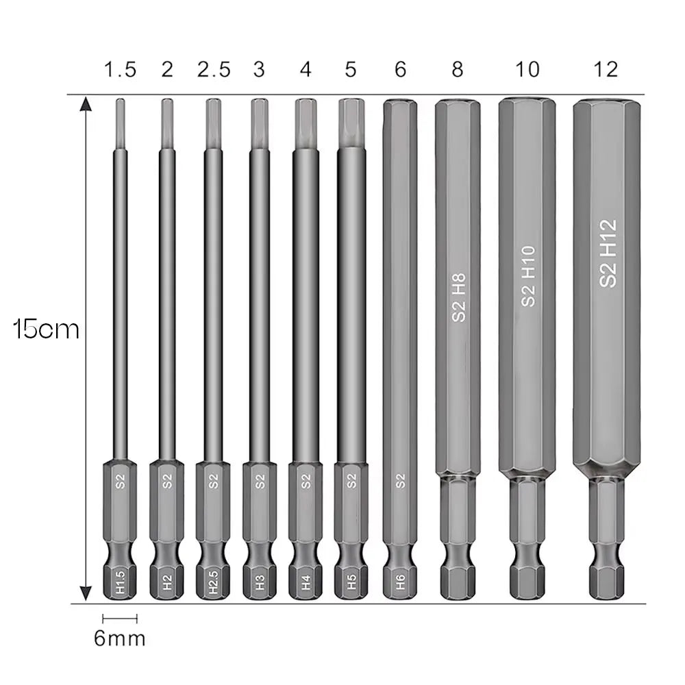 Magnetic Hex Allen Drill Bit Set 7/10Pcs S2 Steel 1.5–12mm Hex Screwdriver Bit Set Richie's 10Pcs-150mm