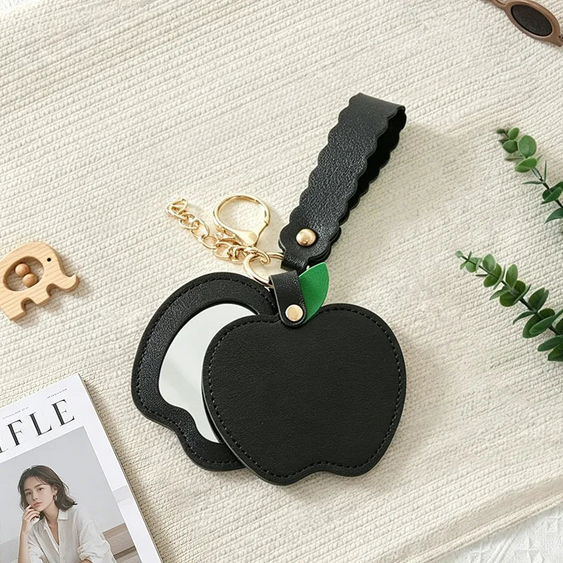 Apple Shape Mini Makeup Mirror Keychain – PU Leather Portable Compact Mirror Keychain Richie's black 20x8.5cm