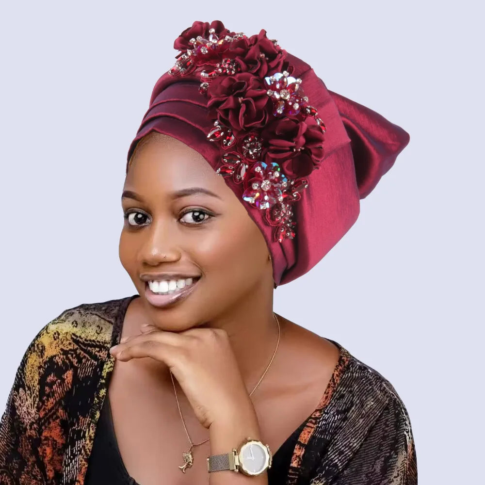 Women's Crinkle Headwrap African Headtie Rhinestone Flower Cap Fashion Headwrap Richie's Burgundy