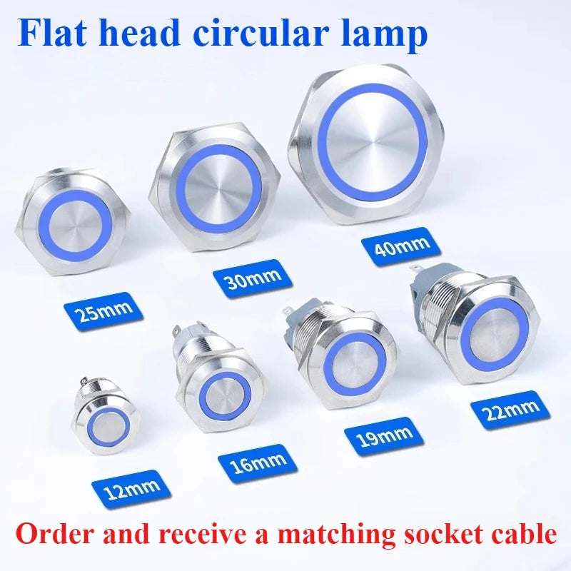 Waterproof Metal LED Push Button Switch 12–22mm Momentary Latching LED Push Button Switch Richie's Circular light blue 22mm 12-24V|Self-reset
