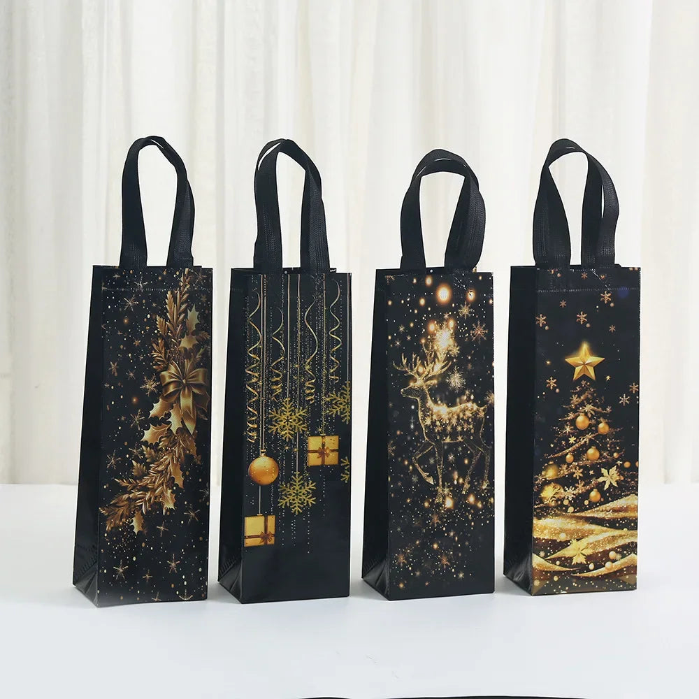 4 Pcs Christmas Wine Gift Bags – Black Gold Foil Bottle Bags Wine Gift Bags Richie's 4 Pcs