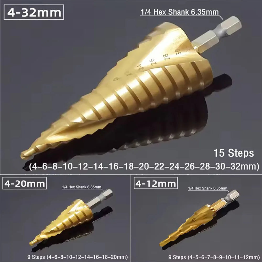 HSS Titanium Step Drill Bit Set 4-12 4-20 4-32mm – 3 Pcs Step Drill Bit Set Richie's
