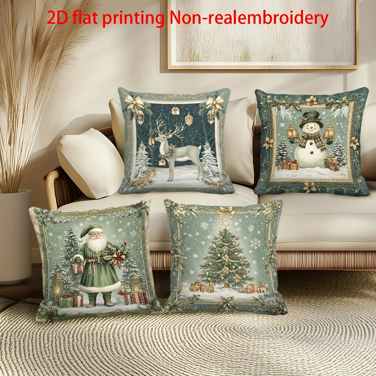 Set of 4 Christmas Cushion Covers – Santa Snowman Elk Print Christmas Cushion Covers Richie's