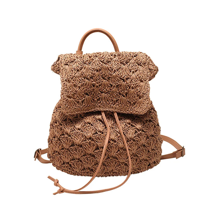 Women's Woven Straw Rattan Backpack | Boho Beach Rucksack Woven Straw Backpack Richie's Khaki 30x12x34cm