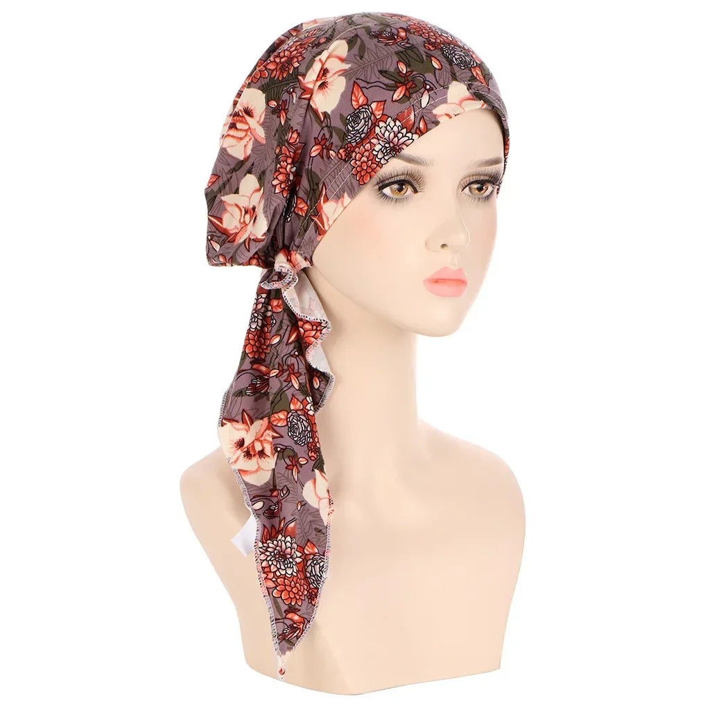 Women's Floral Turban Hijab Stretch Pre-Tied Head Wrap Cap Turban Head Wrap Richie's gray 11