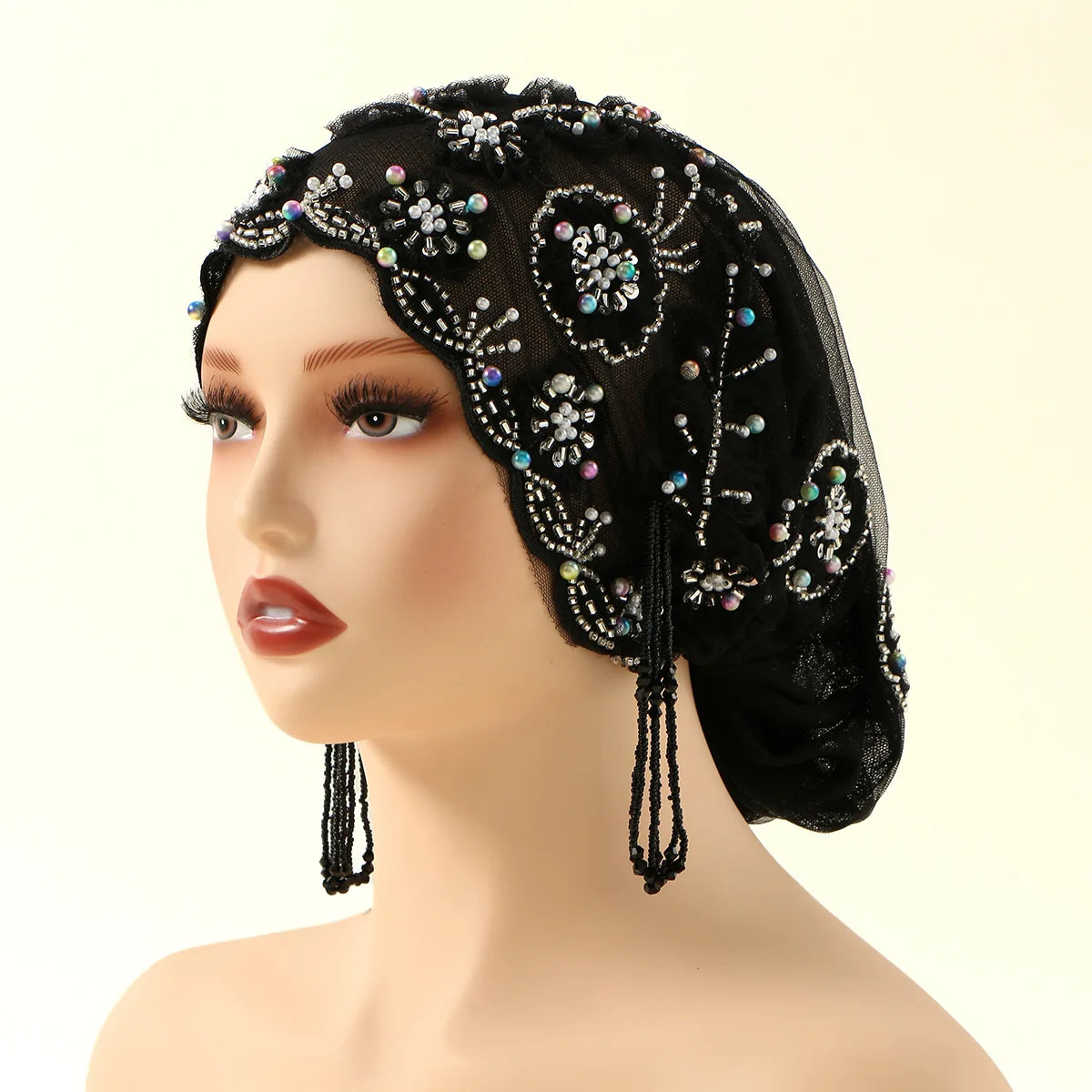 Muslim Pearl Lace Inner Cap – Elastic Islamic Headwear for Women Islamic Inner Cap Richie's 3 black Silver