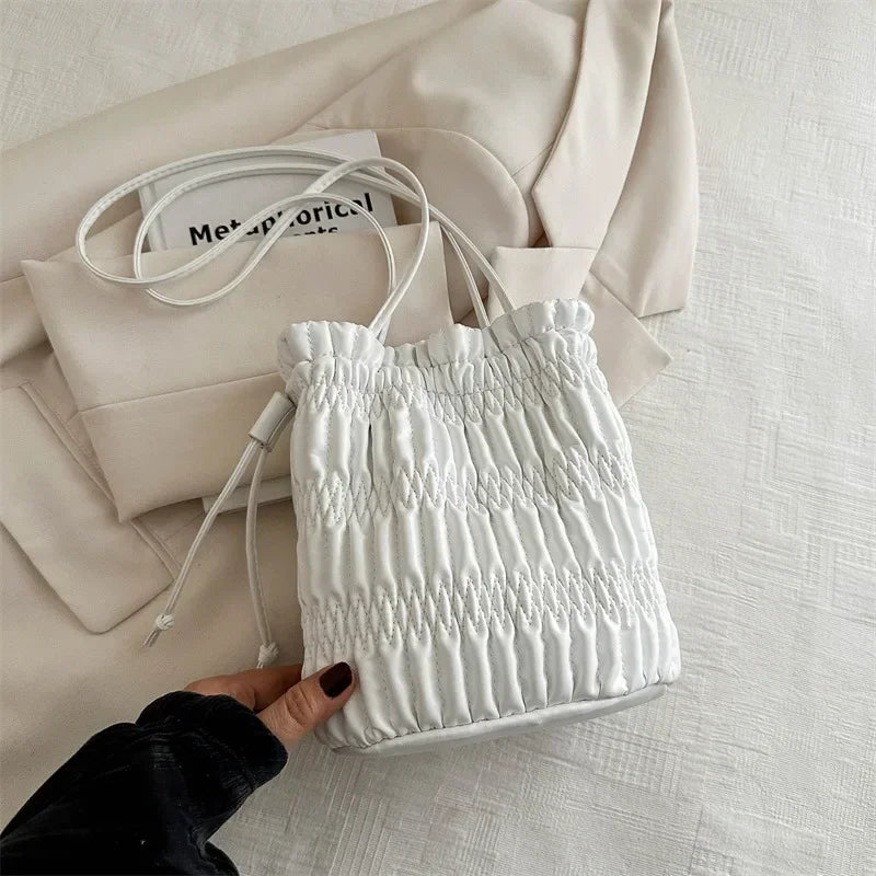 Silver Pleated Drawstring Bucket Bag – Soft PU Leather Purse Shoulder Bucket Bag Richie's White