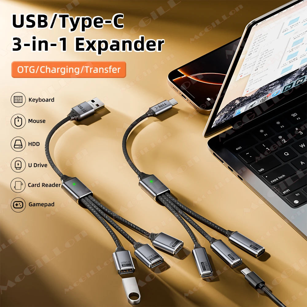 3-in-1 USB-A & Type-C OTG Splitter Hub – Fast Charge & Data USB Hub Adapter Richie's