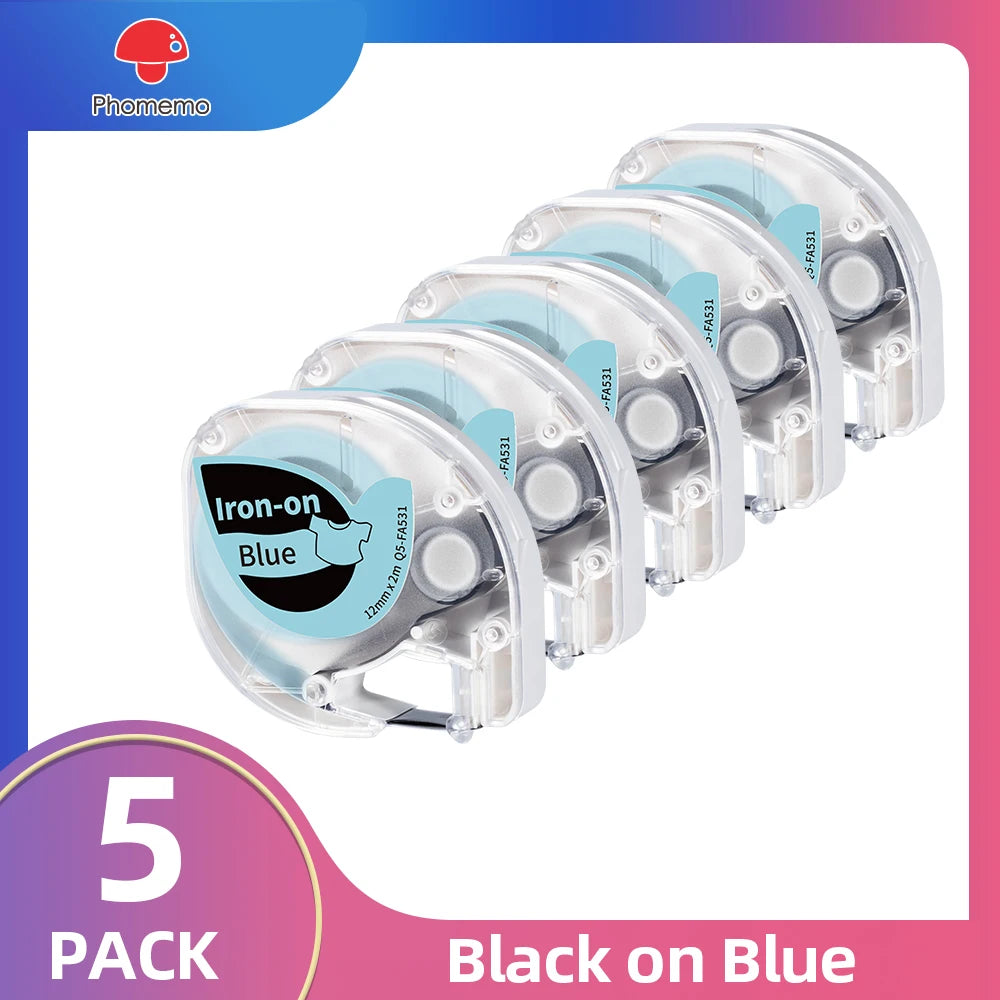 Iron-On Fabric Label Tape 3/5 Pack – Dymo LetraTag & Phomemo P12 Label Maker Tape Richie's 5-Black on Blue